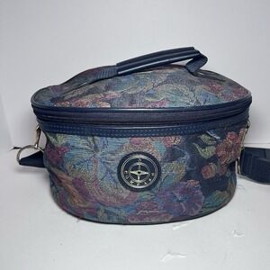 Vintage Tapestry Style Make-up Travel Case Oval Softsided By Compass Zip Top